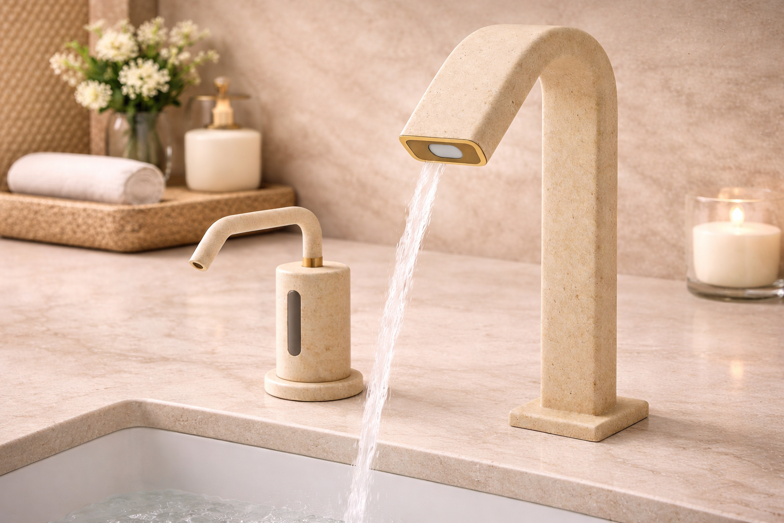 Luxury restroom interior featuring elegant gold-toned fixtures