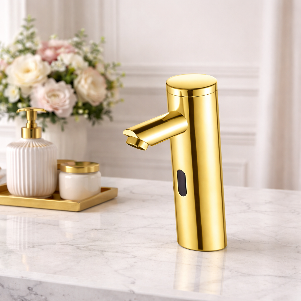 Modern bathroom interior with stone vanity and gold faucet accents