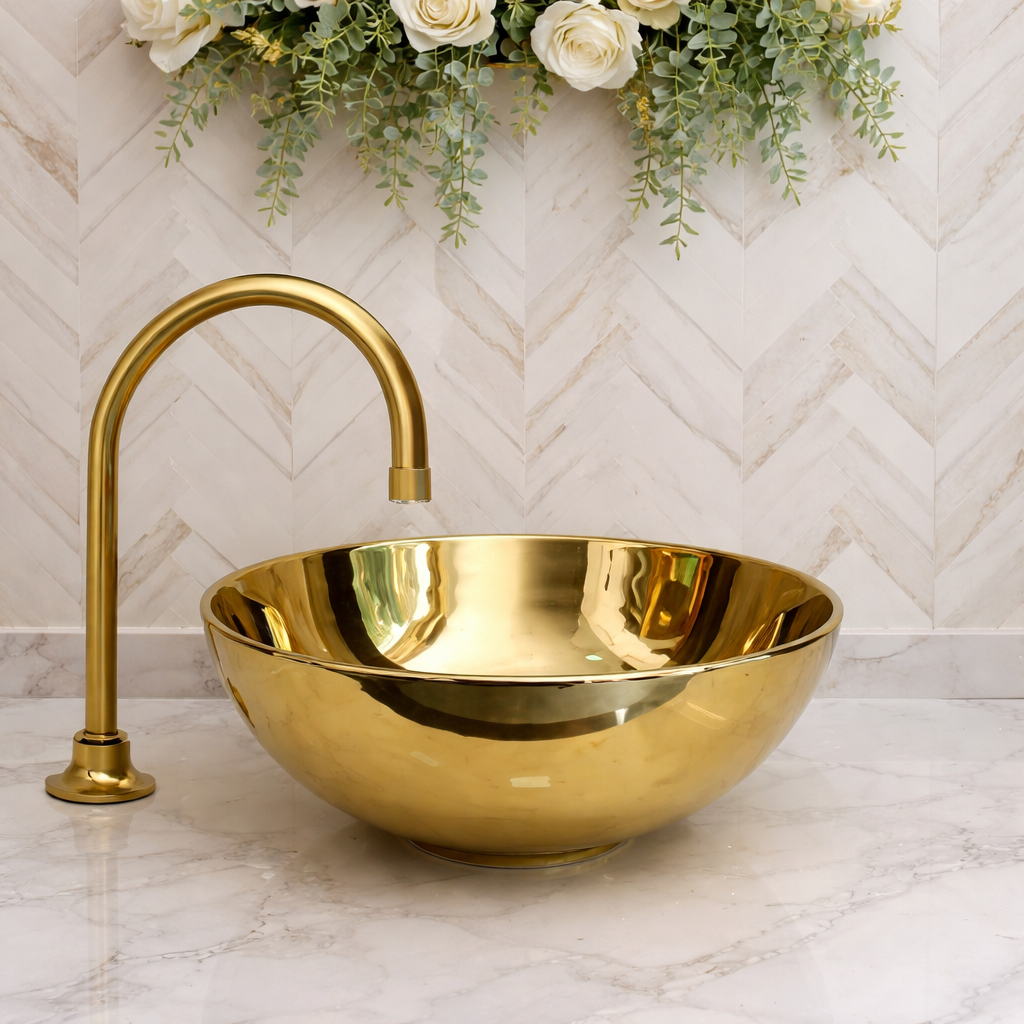 Luxury bathroom vanity with gold faucet finish and elegant lighting