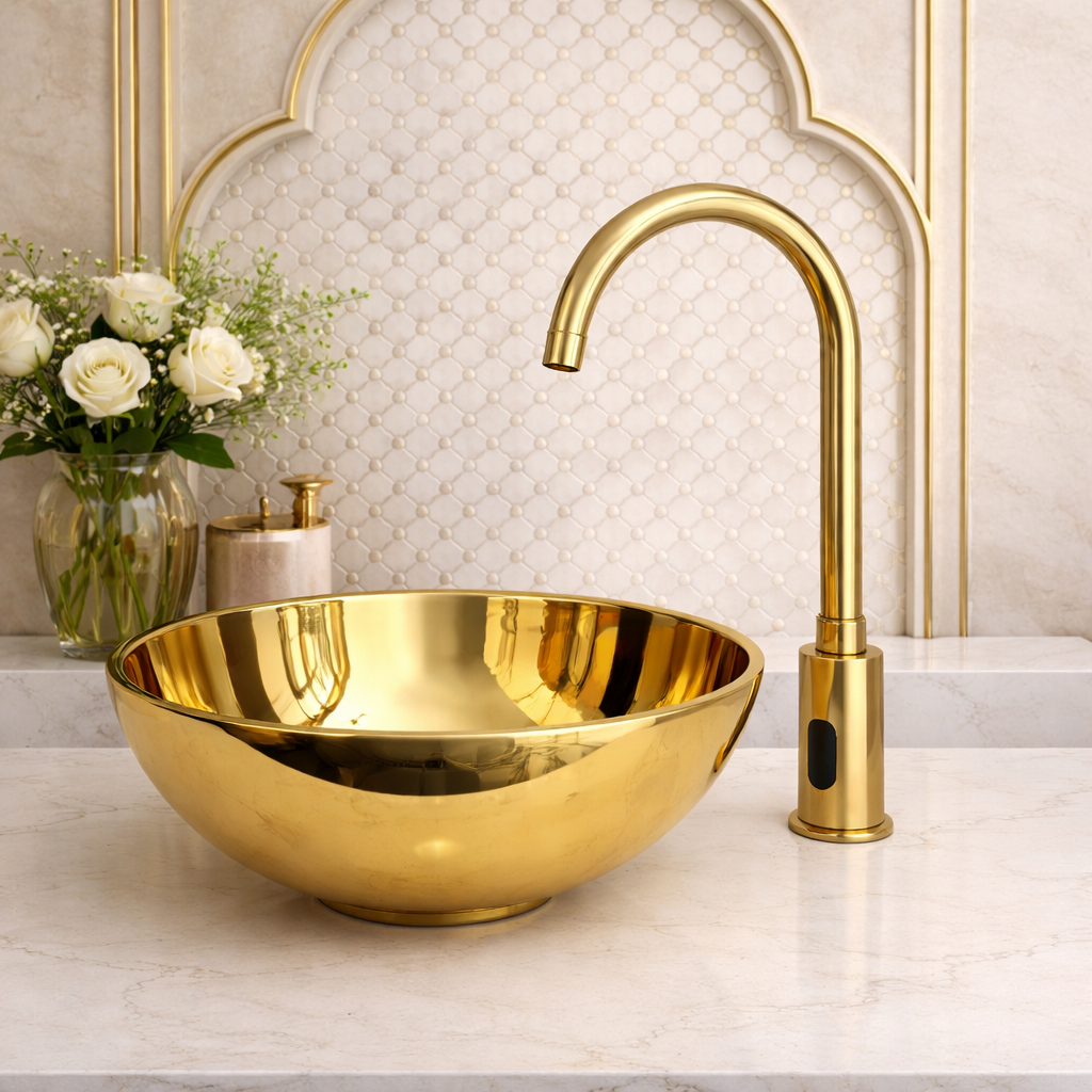 Elegant bathroom sink with brushed gold faucet and marble countertop