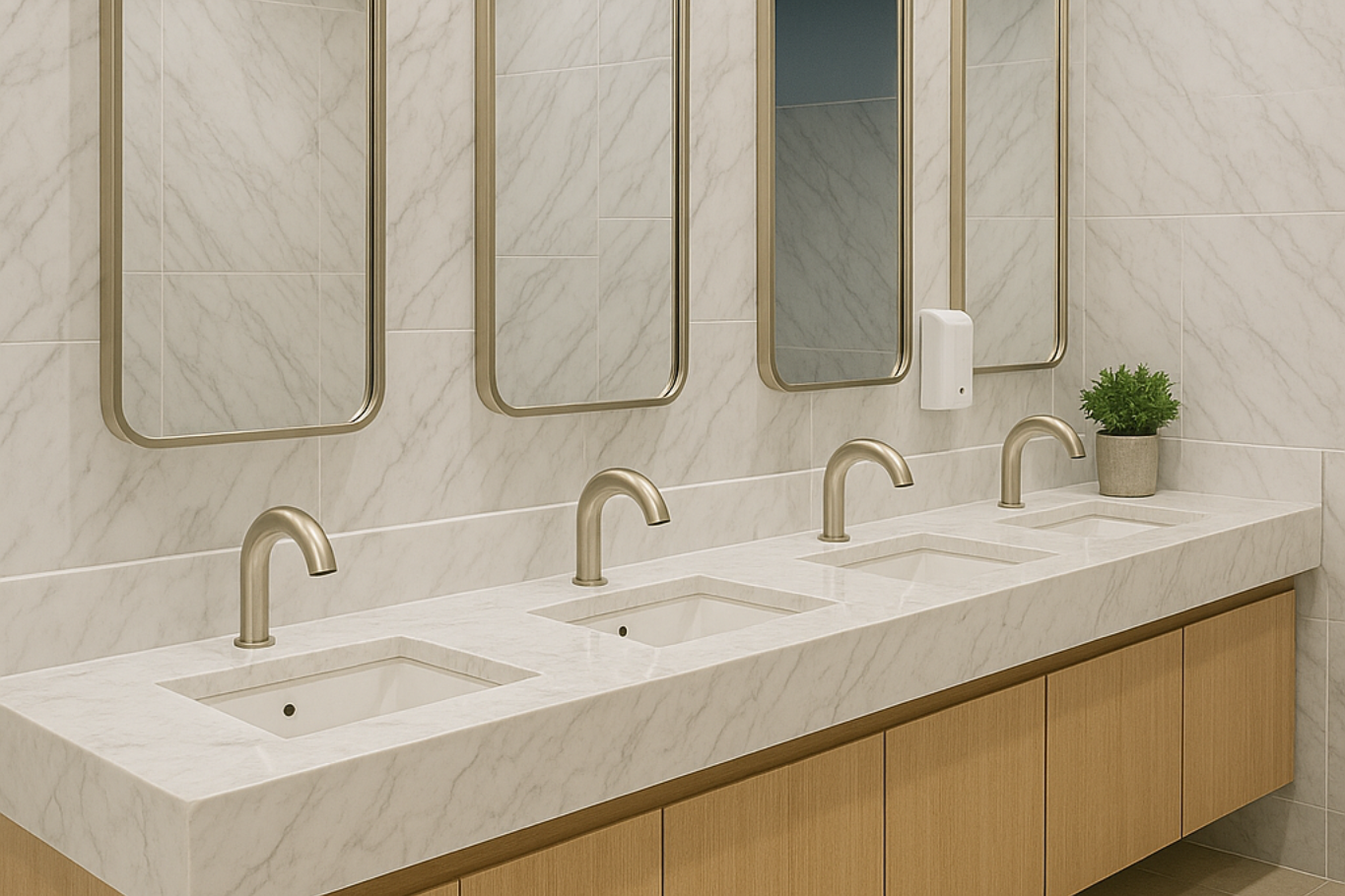 Commercial touchless bathroom faucet in a business restroom