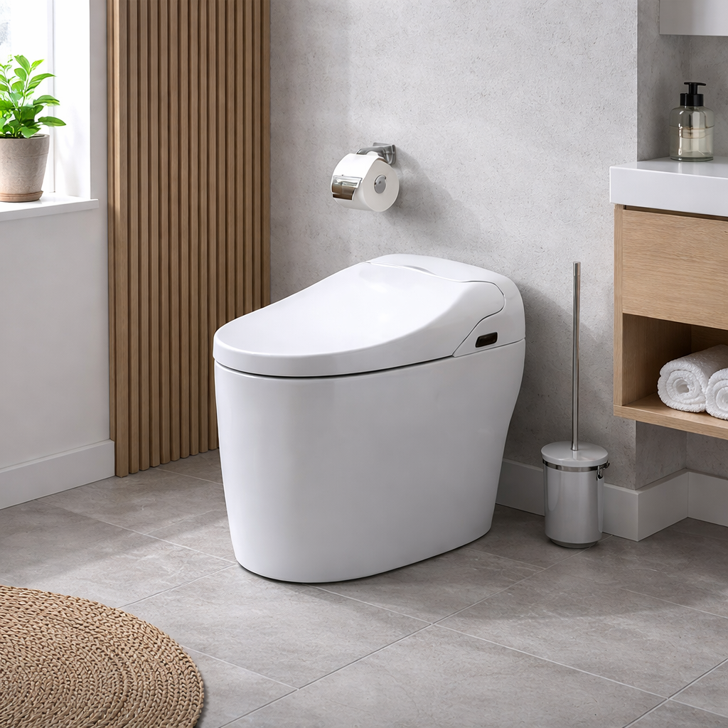 Chrome touch free automatic flush valve installed in a commercial restroom