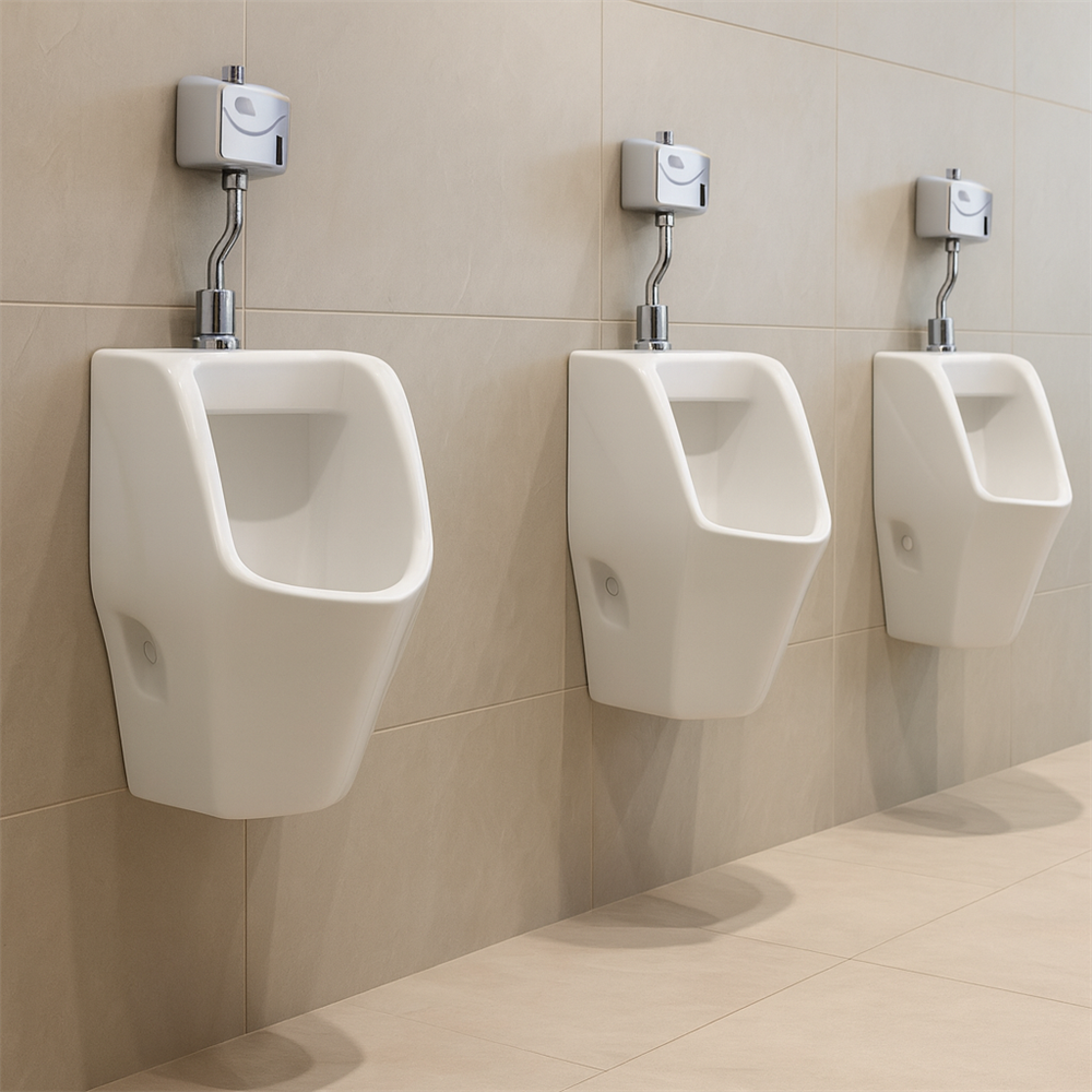 Light gold commercial automatic faucet recommended for touchless restroom design