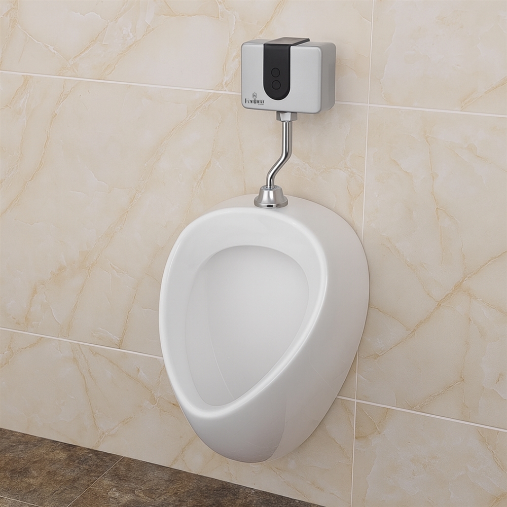 Close-up of a sensor flush valve installed above a commercial toilet