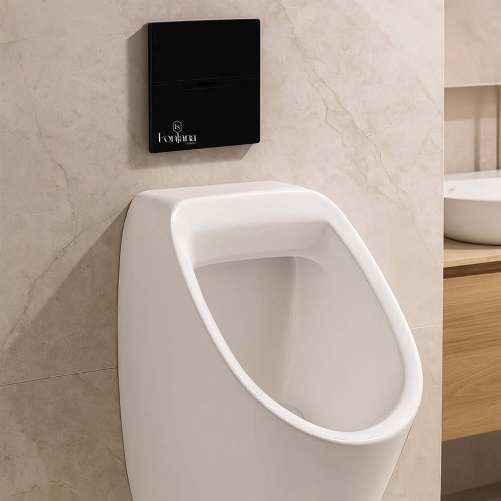 Black automatic flush fixture for office tower water management and low occupancy restroom flushing