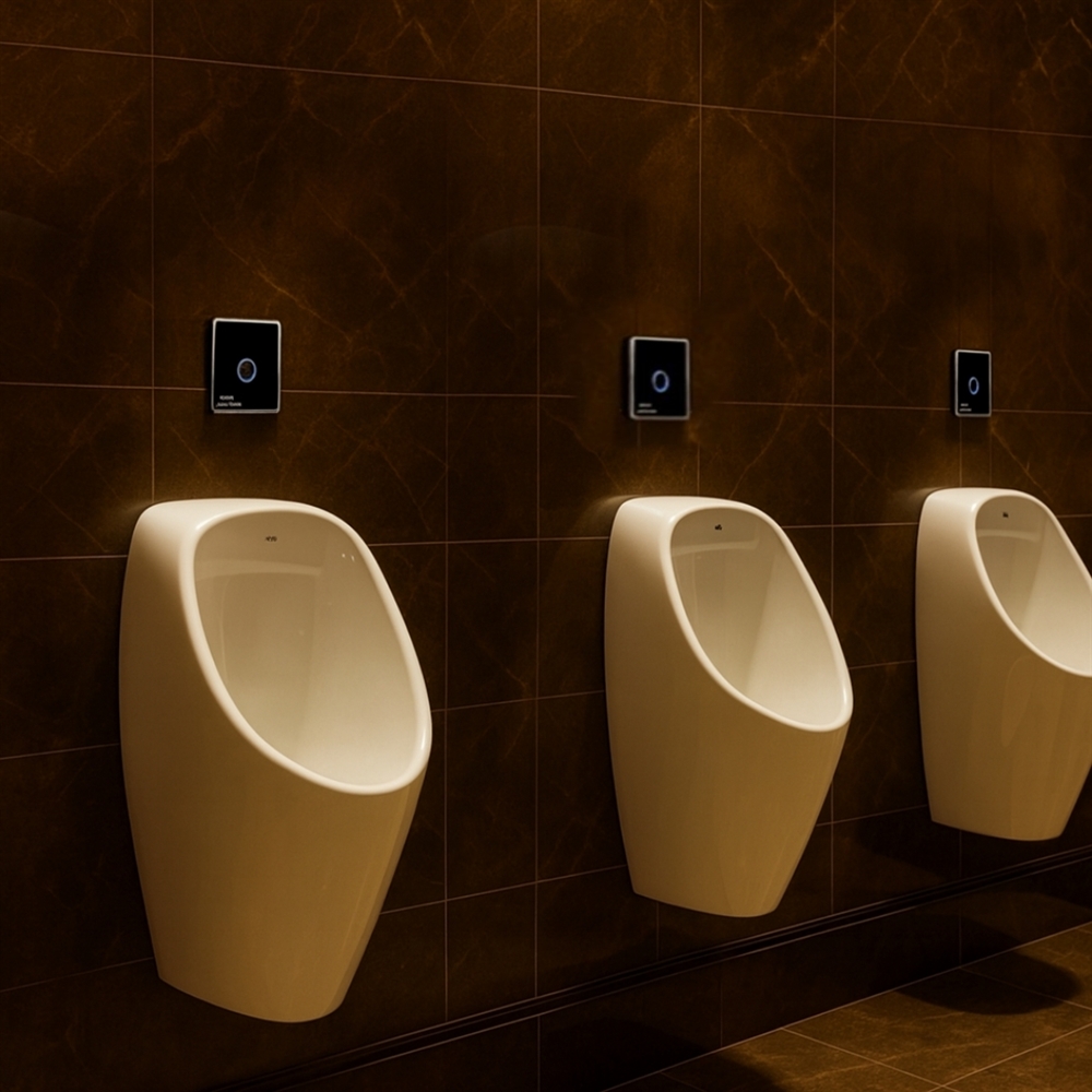 Commercial restroom with automatic flush valves and sensor-operated fixtures