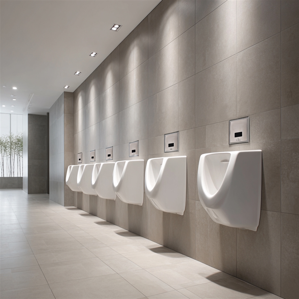 Brushed nickel automatic flush valve for commercial restroom design coordination