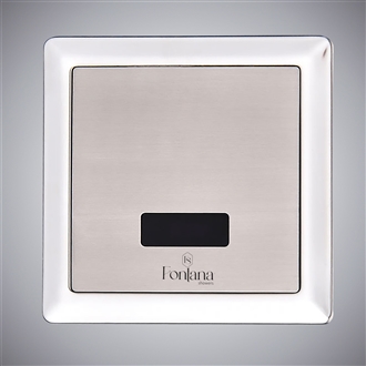 Brushed nickel touchless flush valve for modern commercial restroom hygiene