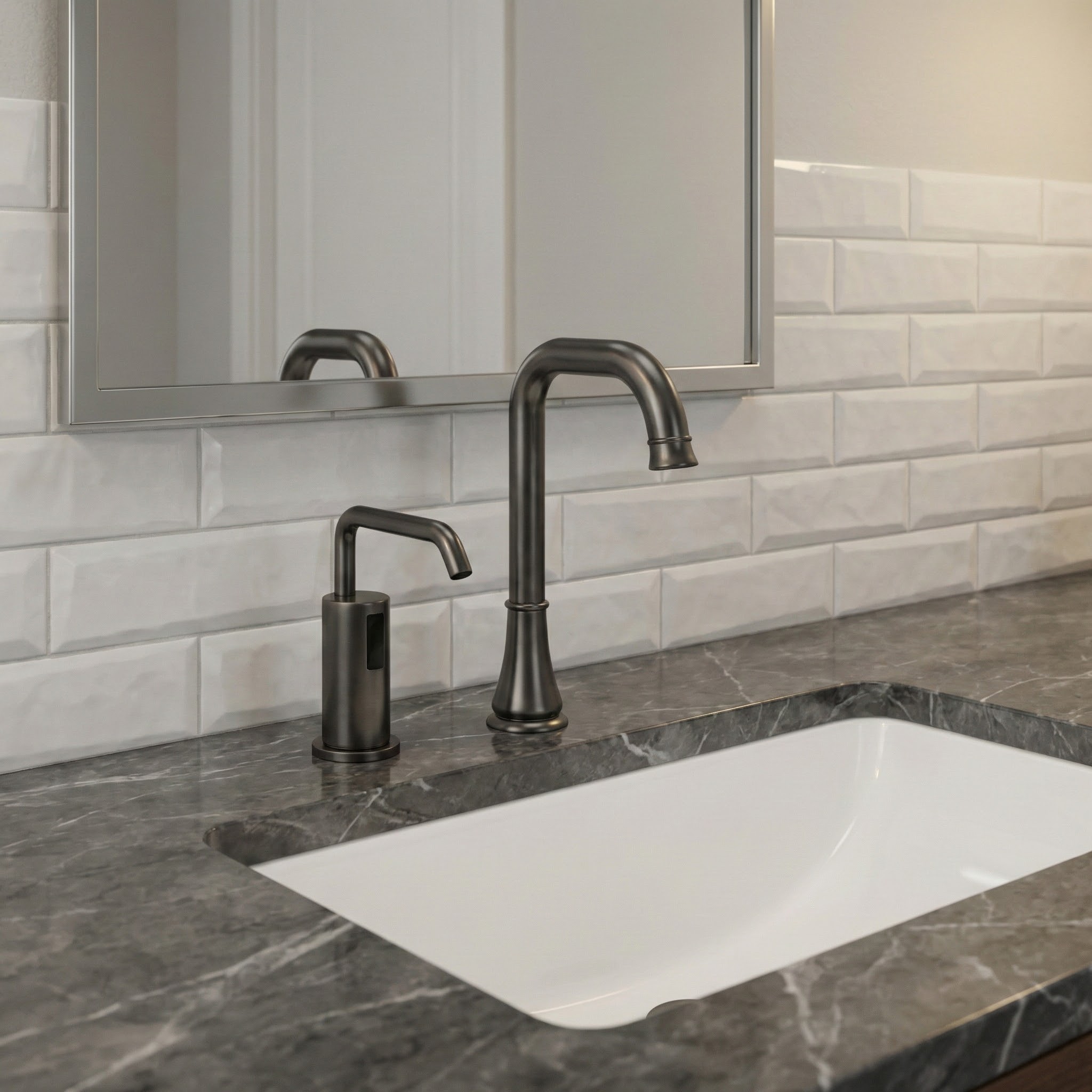 Modern commercial restroom with automatic flush valves, touchless faucets, and sensor soap dispensers
